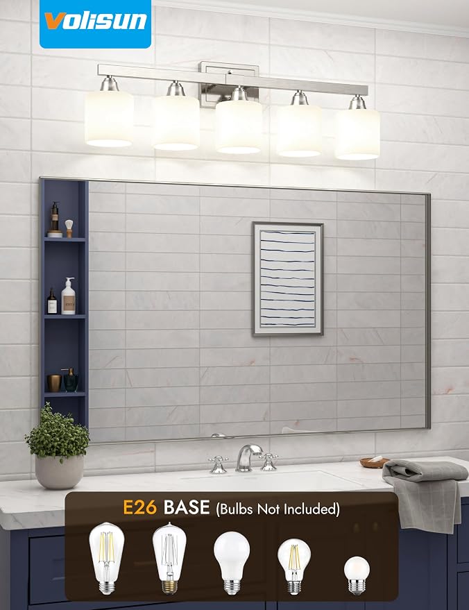 VOLISUN Brushed Nickel 5-Light Bathroom Vanity Light Fixtures Over Mirror | Modern Vanity Light for Bathrooms, Milky White Frosted Glass Shades