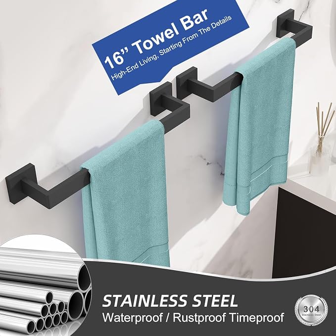 Towel Bar for Bathroom 16 Inch Matte Black Towel Holder 12/16/20/24/28/32/36 Inch Stainless Steel SUS304 Rustproof Towel Rack Modern Square Towel Rod for Bathroom Wall (1, Matte Black, 16 Inch)