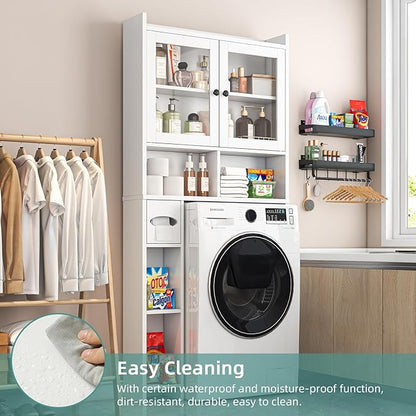 Over The Toilet Storage Cabinet with Clear Doors, Behind Toilet Organizer with Toilet Paper Holder Stand, Above Toilet Shelf, Space Saver for Bathroom, Laundry, Restroom, White