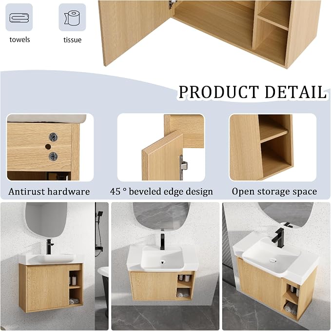 28" Bathroom Vanity with Ceramic Sink, Farmhouse Cabinet, Light Oak | Ceramic Sink, Soft-Close Door, Interior Compartment and 2-Tier Open Side Shelves, 45° Inclined Edge Handle