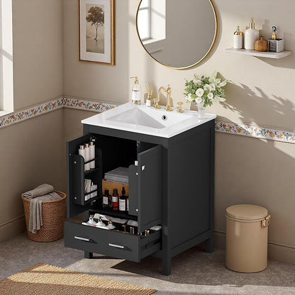 24" Freestanding Bathroom Vanity with Sink, Floor Stand Bathroom Storage Cabinet with Ceramic Sink, Doors with Double-Layered Storage Shelves, Modern Compact Vanity with Divided Drawer, Black