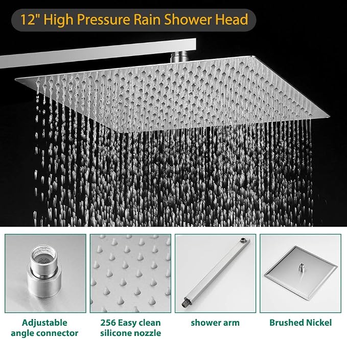 Hoimpro 12'' Shower Head Shower Faucet Set Handheld Sprayer Brushed Nickel | Stainless Steel Rain Shower Head, Rainfall Shower System Fixture Combo, Square, High Pressure Vlave Trim Kit, Wall Mounted