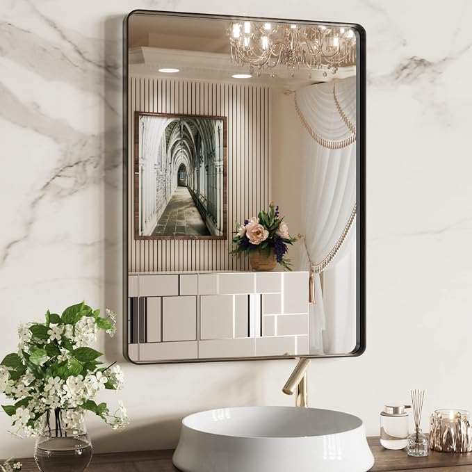 WEER Black Bathroom Mirror 22X30 Inch Metal Framed | Matte Black Bathroom Vanity Mirror, Rounded Rectangle, Tempered Glass, Anti-Rust, Hangs Horizontally or Vertically