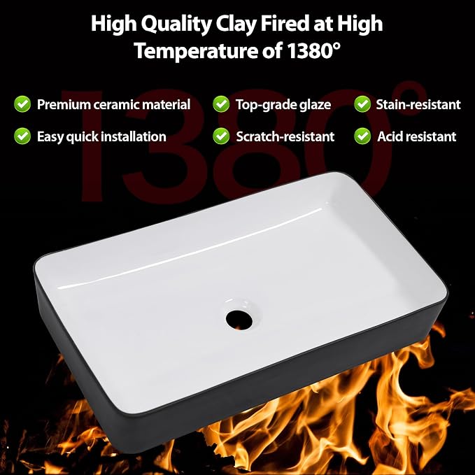 Bathroom Vessel Sink 24x14 Inch Black and White Rectangular Sink | Above Counter Large Bathroom Sink Porcelain Ceramic Large Bathroom Sink Vanity Sink Lavatory Art Basin