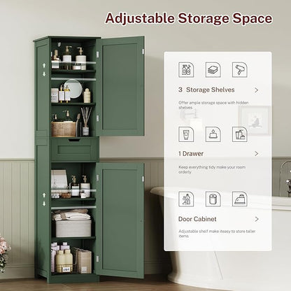 TEENFON Tall Bathroom Cabinet with 2 Doors & 1 Drawer, Narrow Bathroom Storage Cabinet with Adjustable Shelves, for Living Room, Entryway, Kitchen, Forest Green