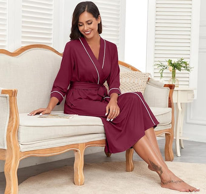 PrinStory Robes for Women 3/4 Sleeve Long Bath Robe XS-4XL | V-Neck Knit Bathrobe with Pockets, Lightweight, Soft, Breathable Robes for Shower, Spa, Travel, Home, Party, Nursing