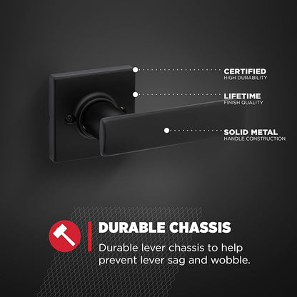Kwikset Breton Dummy Door Handle, Single Sided Lever for Closets, French Double Doors, and Pantry, Matte Black Non-Turning Reversible Interior Push/Pull Lever, with Microban Protection