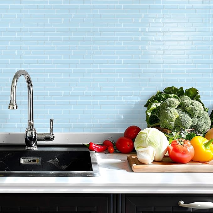 STICKGOO Thicker Peel and Stick Backsplash Tile for Kitchen and Bathroom | 10 Sheets of 12”×12” - 3D Vinyl Self Adhesive Wall Tiles Stick on Backsplash for Kitchen & Bathroom(Sky Blue)