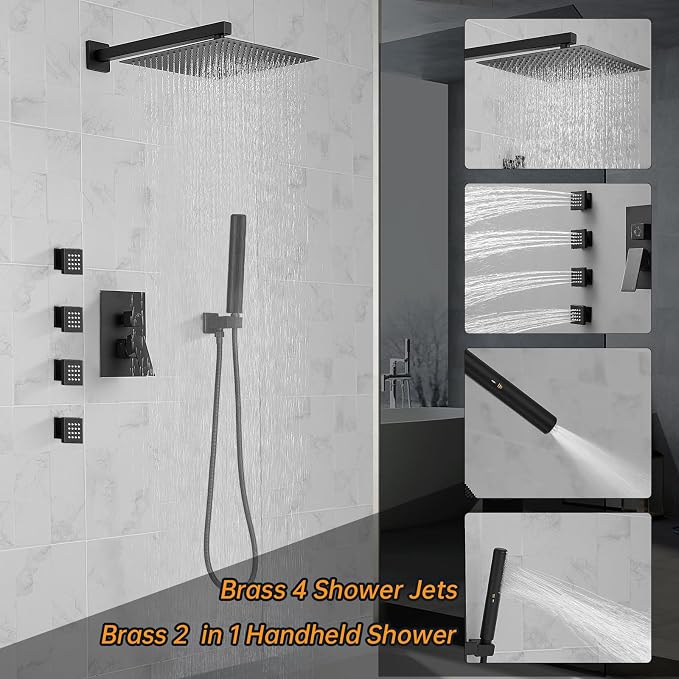 Hoimpro 12 Inch Rainfall Shower Faucet with 4 Full Body Shower Jet Fixtures Combo, Shower System Set with Rain Mixer Shower Head and Brass 2 in 1 Spray Handheld Showerhead, Wall Mounted, Matte Black