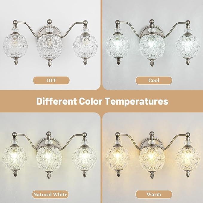 Brushed Nickel Bathroom Vanity Light, 3-Light Mid Century Modern Brushed Nickel Finish Wall Sconce with Globe Glass Shades, Modern Mirror Light for Bathroom, Powder Room