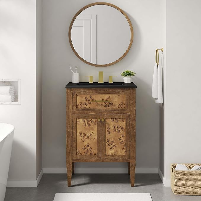 Modway Elysian 24" Burl Wood Bathroom Vanity in Black Brown with Ceramic Sink Basin