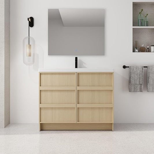 SSLine 42-Inch Bathroom Vanity with Sink Mid-Century Bathroom Vanities with Top Basin Floor Wood Bathroom Sink Cabinet with Soft-Close Doors & Adjustable Storage Shelves (Oak)