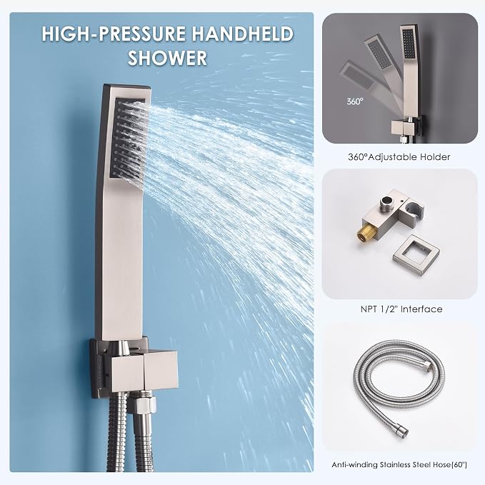 Dual Rainfall Shower Head System, Push Button Shower Faucet Set with 12" Ceiling Mount Rain shower head and 6" Wall Mount Shower Head, Pressure Balance Rough-in Valve (Brushed Nickel)