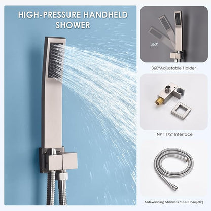 Dual Rainfall Shower Head System, Push Button Shower Faucet Set with 12" Ceiling Mount Rain shower head and 6" Wall Mount Shower Head, Pressure Balance Rough-in Valve (Brushed Nickel)