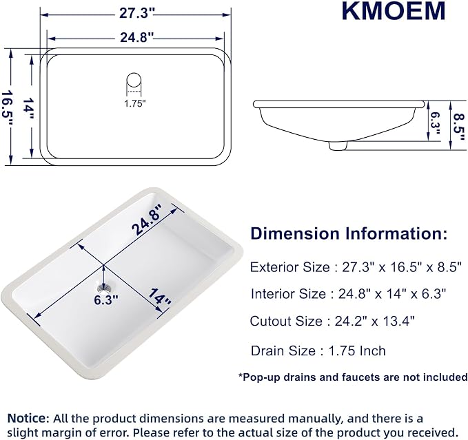 Undermount Bathroom Sink 27x17 Inch Small Bathroom Sink White Porcelain Ceramic Bathroom Under Counter Lavatory Vanity Sink Basin Rectangular Undermount Sinks with Overflow