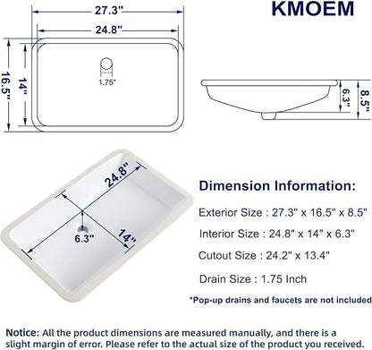 Undermount Bathroom Sink 27x17 Inch Small Bathroom Sink White Porcelain Ceramic Bathroom Under Counter Lavatory Vanity Sink Basin Rectangular Undermount Sinks with Overflow