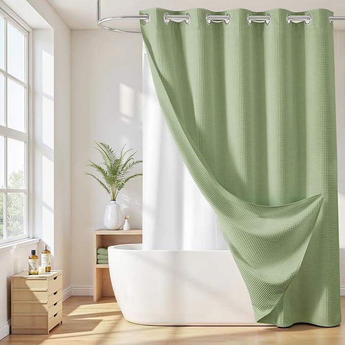 River Dream Cotton Blend No Hook Shower Curtain with Liner, Sage, 71x74 | with Snap in Liner, Heavyweight Waffle Fabric, Hotel Grade for Bathroom, Water Repellent, Corner Magnets, Machine Washable
