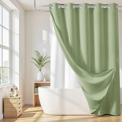 River Dream Cotton Blend No Hook Shower Curtain with Liner, Sage, 71x74 | with Snap in Liner, Heavyweight Waffle Fabric, Hotel Grade for Bathroom, Water Repellent, Corner Magnets, Machine Washable