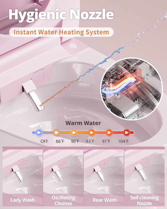 CANEST Pink Smart Toilet with Bidet Built In, Auto Open, Auto Temp Control | Dual Flush with Tank, ADA Comfort Height, Smart Temp Control, Warm Air Dryer, Remote Control, Foot Sensor, Night Light