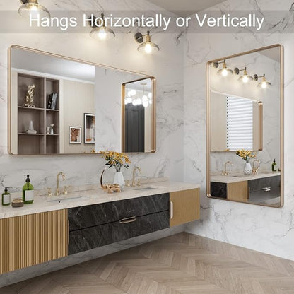 LOAAO 50"X30" Gold Bathroom Mirror | Rounded Rectangle, Brushed Gold Frame, Wall-Mounted, Anti-Rust, Tempered Glass, Hangs Horizontally or Vertically