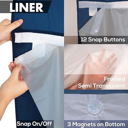 River Dream No Hook Slub Textured Shower Curtain with PEVA Liner Set - 71" x 74"(72"), Hotel Style with See Through Top Window, Machine Washable & Water Repellent Fabric, Navy Blue, 71x74