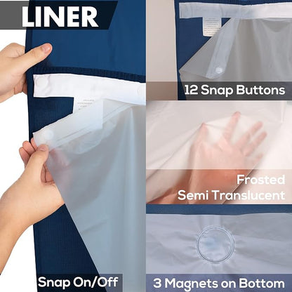 River Dream Extra Long No Hook Shower Curtain with Snap-in Liner, Navy | 71W x 86H, Snap on/off Waterproof PEVA Liner, See Through Top Window, Slub Textured, XL Hotel Style Shower Curtain Set