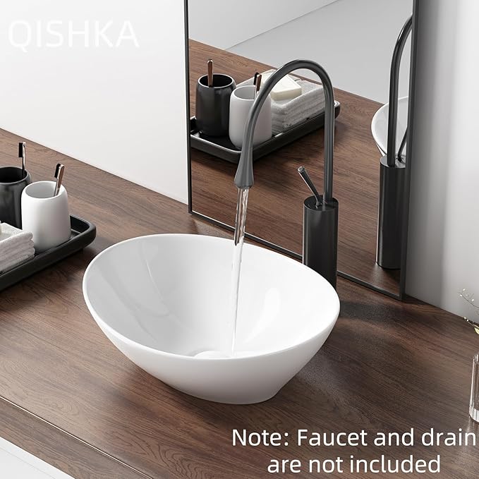 Oval Bathroom Vessel Sink Above Counter, QISHKA 16" x 13" Countertop Vanity Sink Modern Art Basin Lavatory White Ceramic White Bowl Sink
