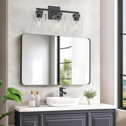 Espird Matte Black Bathroom Vanity Light, 3-Light Vanity Lighting fixtures Over Mirror, Square Design & UL Certification, Wall Sconces with Clear Glass Shades, E26 Socket (Bulbs Not Included)