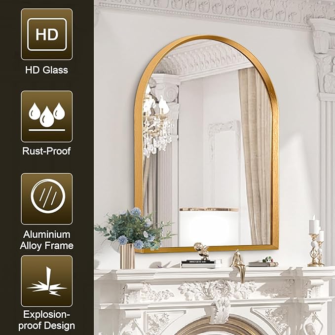 Arched Wall Mirror, Arch Bathroom Mirror, for Vanity Living Room Bedroom Mantel Entryway Hallways Home Decor Aluminum Alloy Frame Large 28"x20"