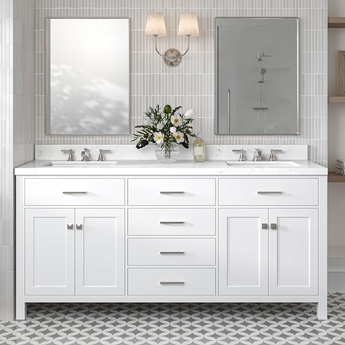ARIEL Bristol 72-inch Bathroom Vanity with Sink,Solid Wood, 1.5-inch Carrara White Quartz Countertop & Backsplash, Double Rectangular Porcelain Sink, 4 Soft Closing Doors, 4 Dovetail Drawers, White