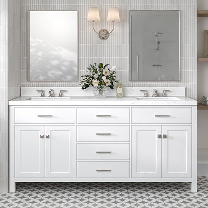 ARIEL Bristol 72-inch Bathroom Vanity with Sink,Solid Wood, 1.5-inch Carrara White Quartz Countertop & Backsplash, Double Rectangular Porcelain Sink, 4 Soft Closing Doors, 4 Dovetail Drawers, White