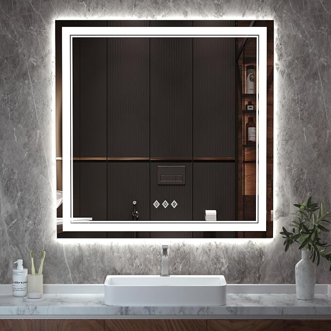 LED Mirror for Bathroom, 36x36 Inch, 3 Colors Dimmable CRI>90 Double Lights, Enhanced Anti-Fog, Hanging Plate Wall Mount Lighted Vanity Mirror