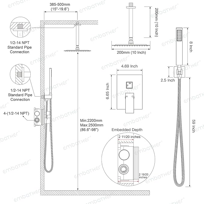 SunCleanse Rainfall Shower Faucet Set Matte Black Shower Combo Set for Bathroom with High Pressure 10 inch Shower Head with Handheld Shower Valves Shower Head and Handheld Ceiling Mounted