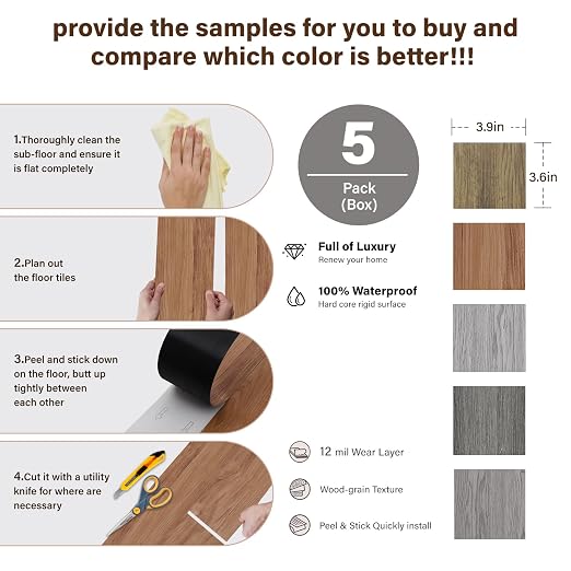 INMOZATA Peel and Stick Floor Tile Waterproof Tile Vinyl Flooring Sample | 5 Packs Heat-resistant, Wood Grain Self Adhesive Flooring for DIY Bedroom Living Room Bathroom Kitchen