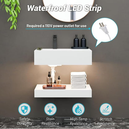 24"x19" Wall Mount Bathroom Vanity with LED Smart Sensor Light, Stone Resin Floating Vanity Sink Rectangular Vessel White Trough Art Basin with Shelf Layer
