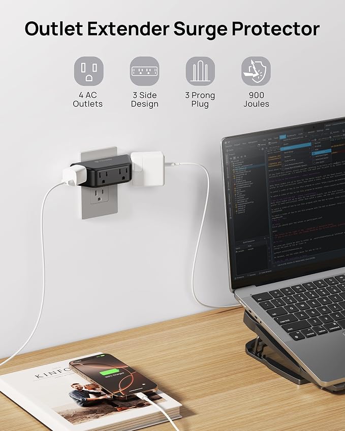 TROND Black Outlet Extender Surge Protector, 4 Plug Outlet Adapter | 3 Sided-Design Wall Plug Splitter, Space-Saving, 900J, Multiple Wall Expander for Bathroom Kitchen Travel Dorm Room