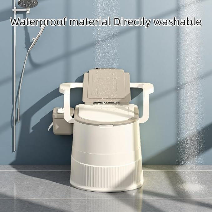 Portable toilet seat with armrests, with lid, with tissue holder, with seat function, robust, easy to clean, no power connection required, suitable for indoor and outdoor use (Khaki)