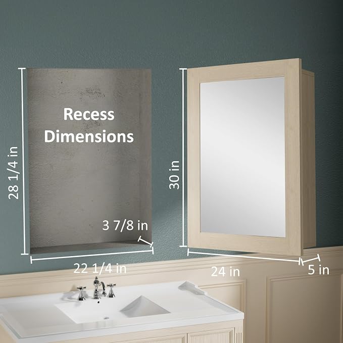 Buruis 24 x 30 Inch Bathroom Wood Medicine Cabinet Mirror, Oak Finish | Fully Assembled Design, Adjustable Glass Shelves, Soft-Close Hinges, Bathroom Storage Organizer, Left/Right Opening