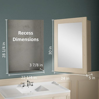 Buruis 24 x 30 Inch Bathroom Wood Medicine Cabinet Mirror, Oak Finish | Fully Assembled Design, Adjustable Glass Shelves, Soft-Close Hinges, Bathroom Storage Organizer, Left/Right Opening