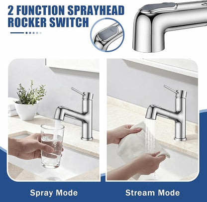 HURRAN Pull Out Bathroom Faucet, Single Handle Basin Mixer Tap with 2 Modes, Utility Sink Faucet with Deck Plate, Stainless Steel, Chrome