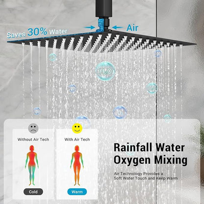 10" Square Ceiling Rain Shower Faucet Set,Matte Black | Anti-scald cartridge, air tech boosts pressure 30%, dual spray, NPT 1/2
