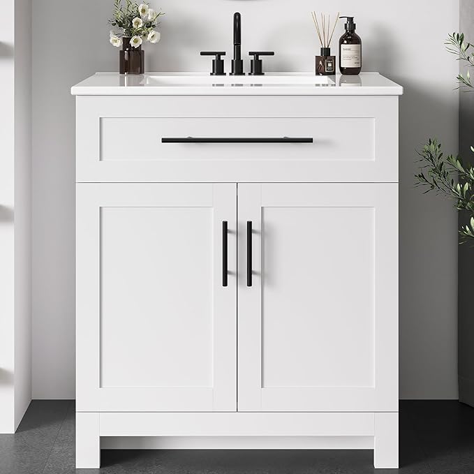 LIKIMIO 30" Bathroom Vanity with Sink, 1 U-Shaped Drawer & 2 Doors, White | Freestanding Bathroom Vanity, Integrated Ceramic Sink, Soft-Close Doors & Drawer, Modern Bathroom Storage Cabinet