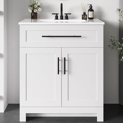 LIKIMIO 30" Bathroom Vanity with Sink, 1 U-Shaped Drawer & 2 Doors, White | Freestanding Bathroom Vanity, Integrated Ceramic Sink, Soft-Close Doors & Drawer, Modern Bathroom Storage Cabinet