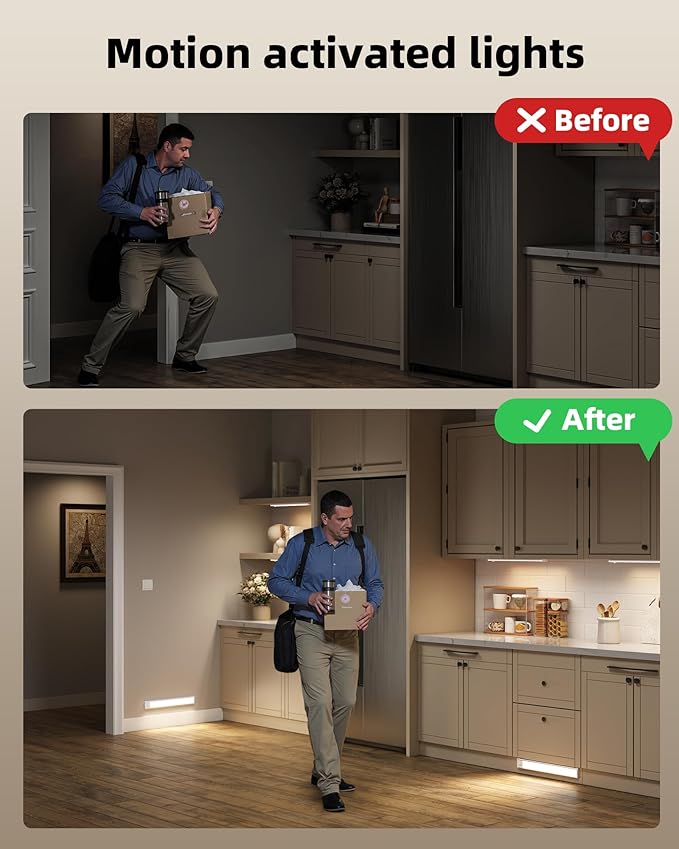 Under Cabinet Lighting Wireless,Rechargeable Battery Motion Sensor Light Indoor,LED Closet Lights USB Charging,3 Color Dimmable Under Cabinet Lights for Kitchen, Cabinet, Wardrobe (3 Pcs)12in