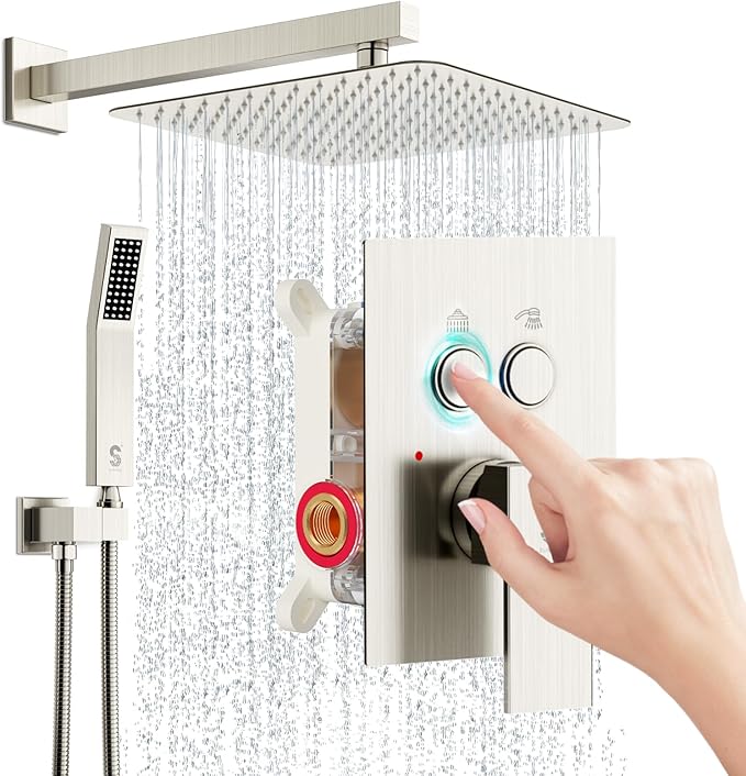 SR SUN RISE Shower System with Push Button Diverter, Wall Mounted Luxury 12 Inch Rain Shower Head with Handheld Spray, High Pressure Shower Faucet Combo Set with Rough-in Valve, Brushed Nickel