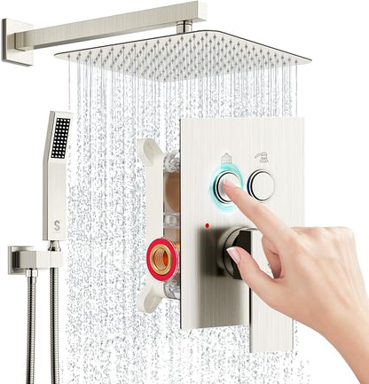 SR SUN RISE Shower System with Push Button Diverter, Wall Mounted Luxury 12 Inch Rain Shower Head with Handheld Spray, High Pressure Shower Faucet Combo Set with Rough-in Valve, Brushed Nickel