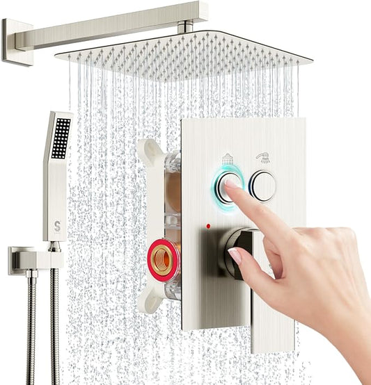 SR SUN RISE Shower System with Push Button Diverter, Wall Mounted Luxury 12 Inch Rain Shower Head with Handheld Spray, High Pressure Shower Faucet Combo Set with Rough-in Valve, Brushed Nickel