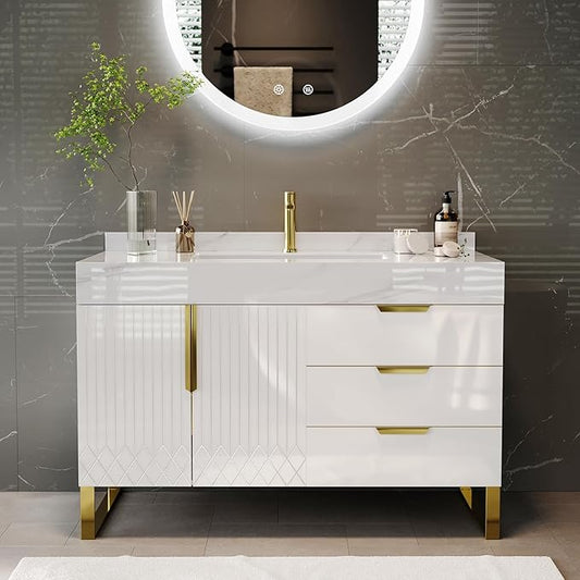 Bathroom Vanity with Sink, Modern Bathroom Vanity with Faux Marble Top, Gold Hardware & Soft-Close Drawers for Bathroom Storage (35.4 Inch, White, Single Sink & Freestanding)