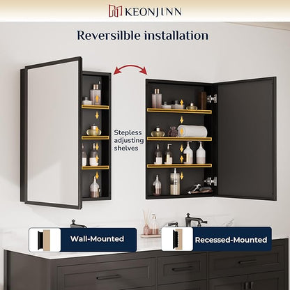 Keonjinn Black Medicine Cabinet Mirror 48" x 32", Assembly Required, Large Bathroom Cabinet with Mirror, Beveled Framed, Stepless Adjustable Shelves, Surface Wall-Mounted or Recessed