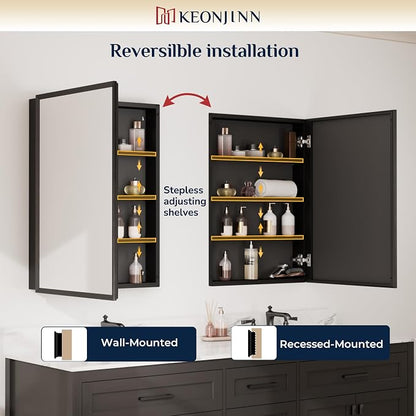 Keonjinn Matte Black Medicine Cabinet Mirror 20 x 26, Adjustable Shelves | Assembly Needed, Wall-Mounted or Recessed Bathroom Medicine Cabinet, Lightweight Aluminum, Safety HD Tempered Glass